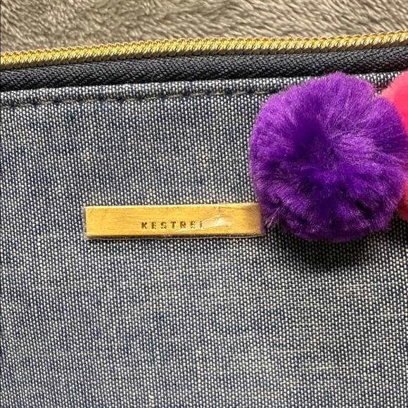 Kestrel Denim Cosmetic Bag with Colorful Pom Poms - Picture 2 of 8
